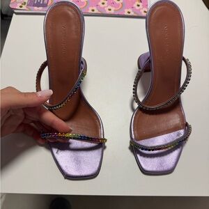 Amina Muaddi Lavender Satin Heels with Rainbow Embellishments